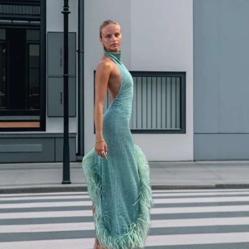 Damen Festliches Pailletten Abendkleid mit asymmetrischem Saum und Federdetails EB