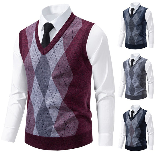 Herren V-Ausschnitt Strickpullover mit elegantem Rautenmuster EB