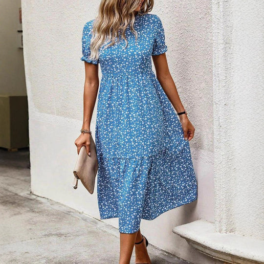 Damen nan ausgestelltes Midikleid mit hohem Rundhalsausschnitt, Puffärmeln, geraffter Empire-Taille und Stufensaum EB