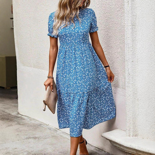 Damen nan ausgestelltes Midikleid mit hohem Rundhalsausschnitt, Puffärmeln, geraffter Empire-Taille und Stufensaum EB