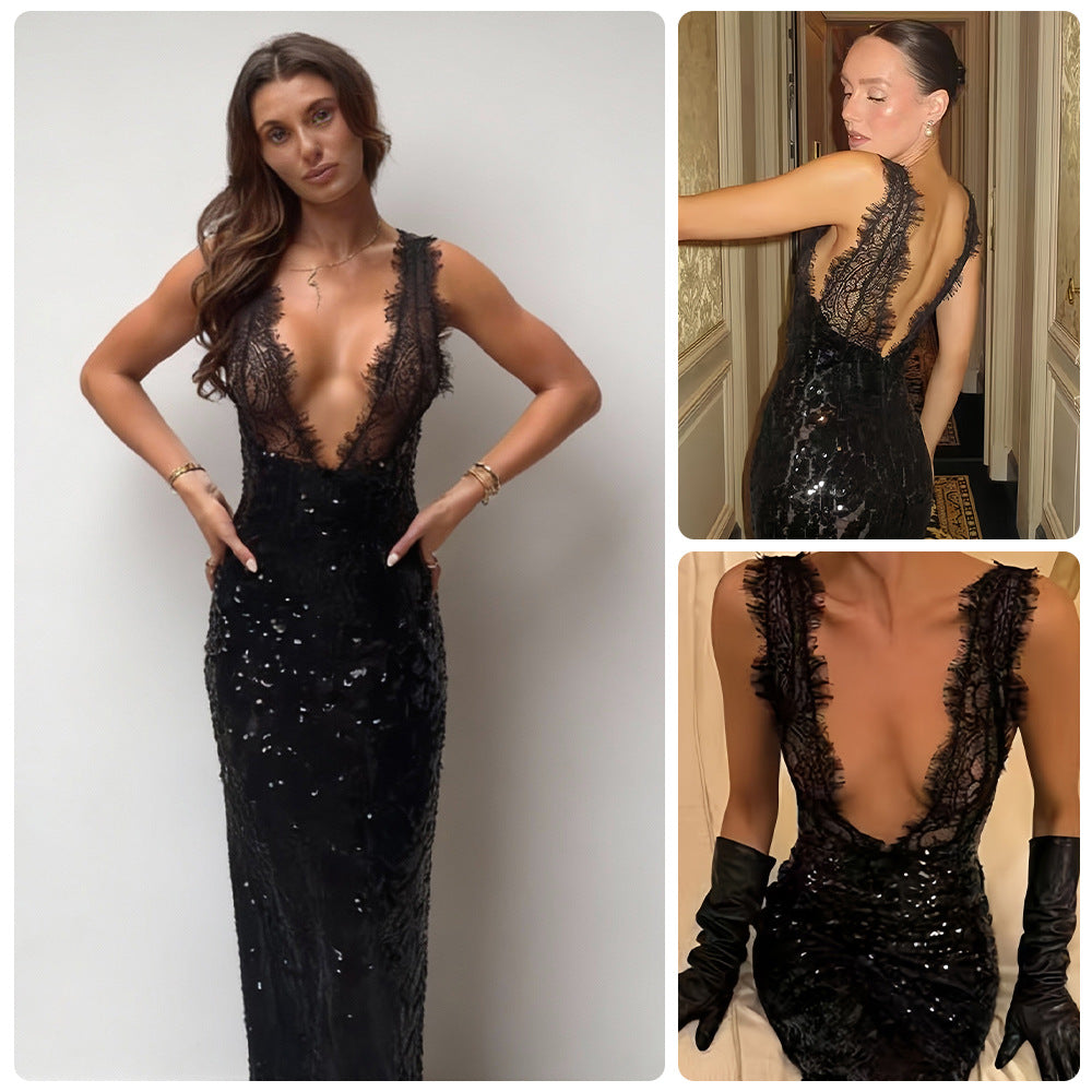 Damen Glitzerndes Spitzenkleid mit tiefem V-Ausschnitt und figurbetontem Schnitt EB