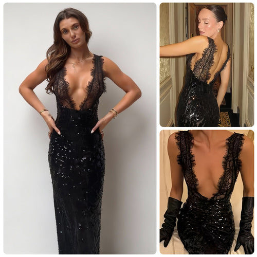Damen Glitzerndes Spitzenkleid mit tiefem V-Ausschnitt und figurbetontem Schnitt EB
