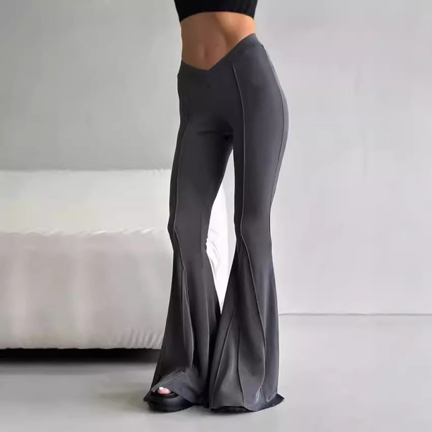 Damen Flared Hose mit V-Ausschnitt und dekorativem Nahtdesign EB