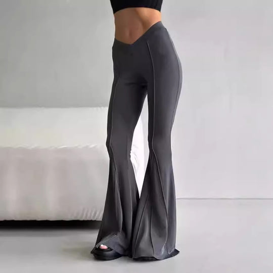 Damen Flared Hose mit V-Ausschnitt und dekorativem Nahtdesign EB