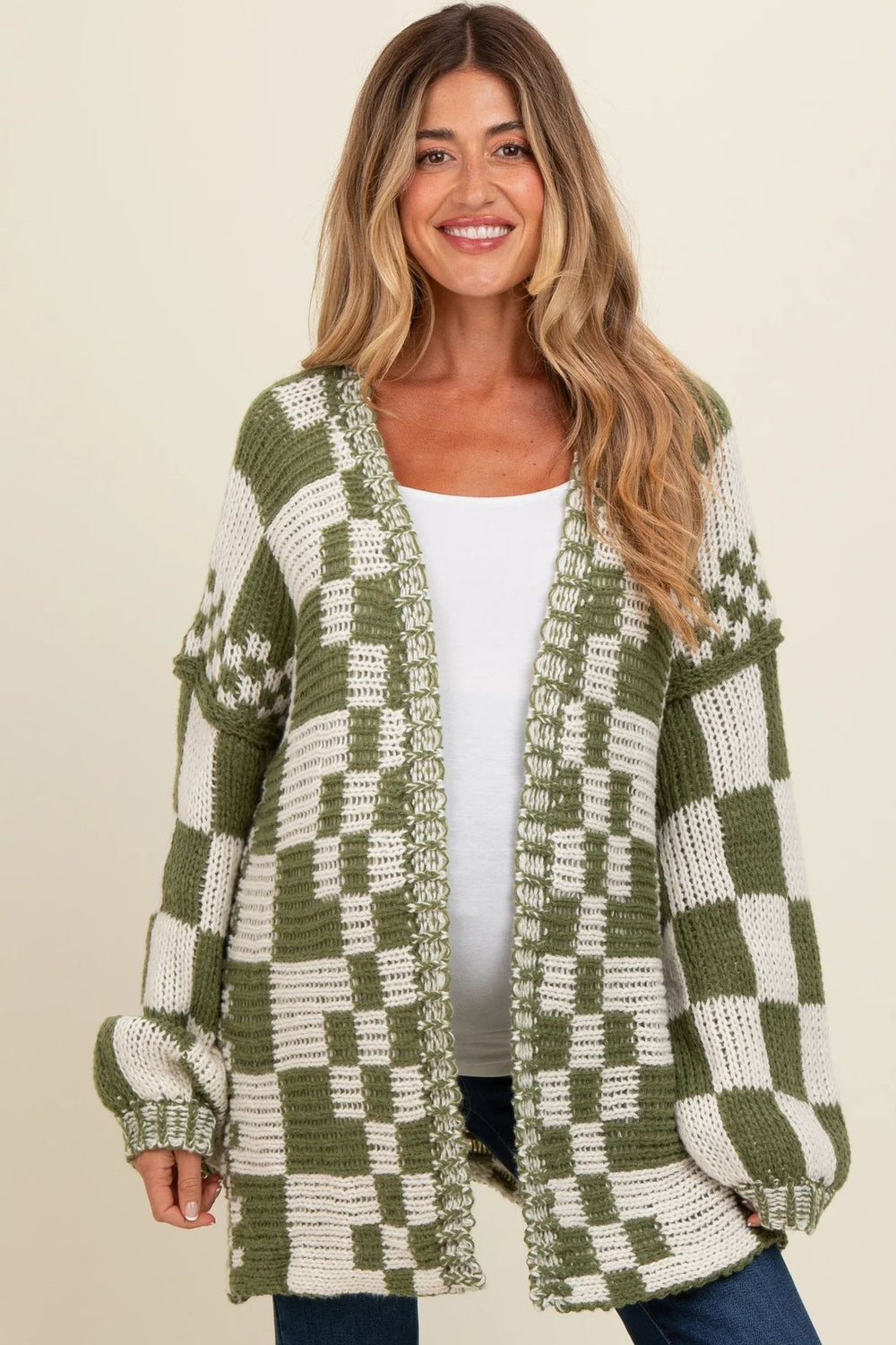 Damen lässiger Strickcardigan mit Karomuster und oversized Schnitt EB
