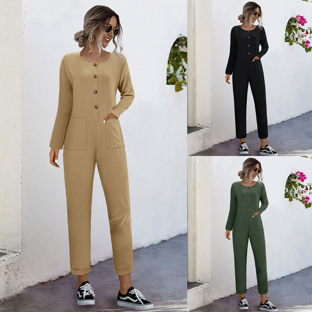 Damen lässiger Jumpsuit mit praktischen Taschen und elegantem Knopfdesign EB
