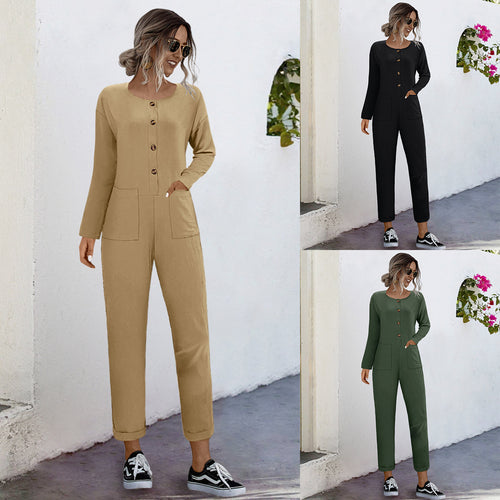 Damen lässiger Jumpsuit mit praktischen Taschen und elegantem Knopfdesign EB