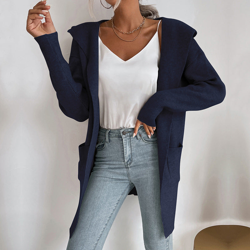 Damen Langärmlige Strickjacke mit Kapuze und seitlichen Taschen EB