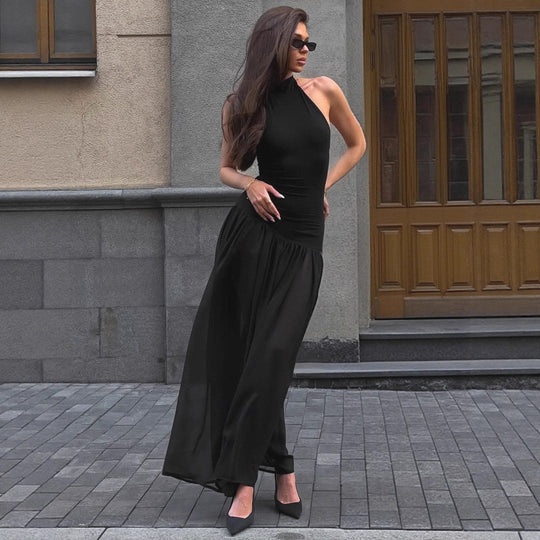 Damen Maxi-Kleid mit elegantem Stehkragen und fließendem Rock EB