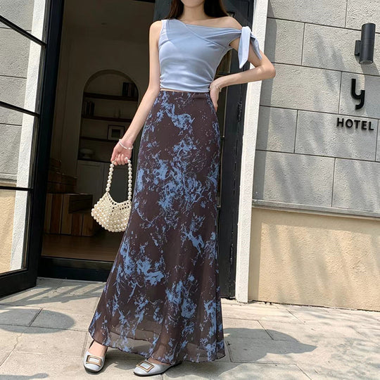 Damen  fließender Maxirock mit A-Linie und feinem Vintage-Print EB