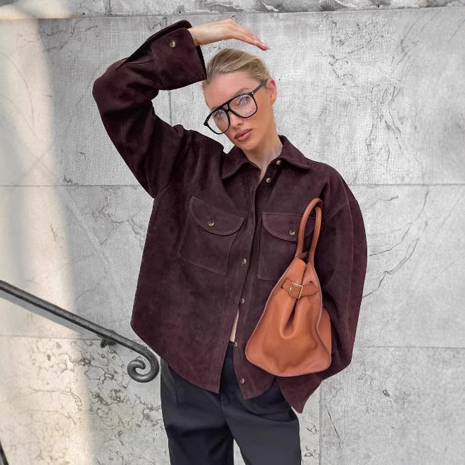 Damen Modische Suede Oversized Hemdjacke mit praktischen Taschen EB