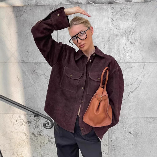 Damen Modische Suede Oversized Hemdjacke mit praktischen Taschen EB