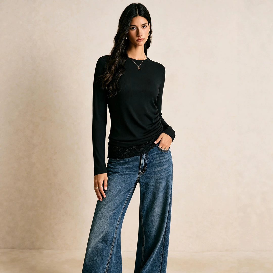 Damen figurbetontes geripptes Langarmshirt mit seitlicher Raffung und Spitzen-Saum Eichborn Berlin