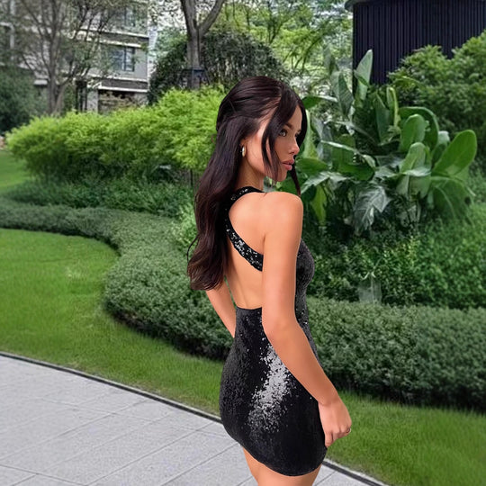 Damen Glitzerndes Minikleid mit schimmerndem Obermaterial und racerback Design EB