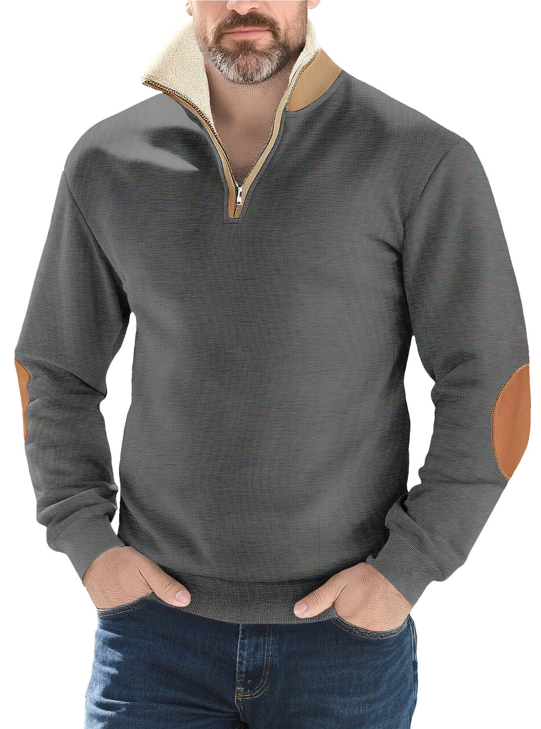 Herren nan Strukturstrick-Halbzipppullover mit wärmendem Sherpa-Kragen und Velours-Ellenbogenapplikation EB