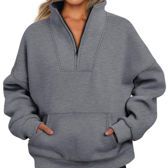 Damen nan oversized Halbzip-Hoodie mit hohem Stehkragen, Kängurutasche und gerippten Bündchen EB