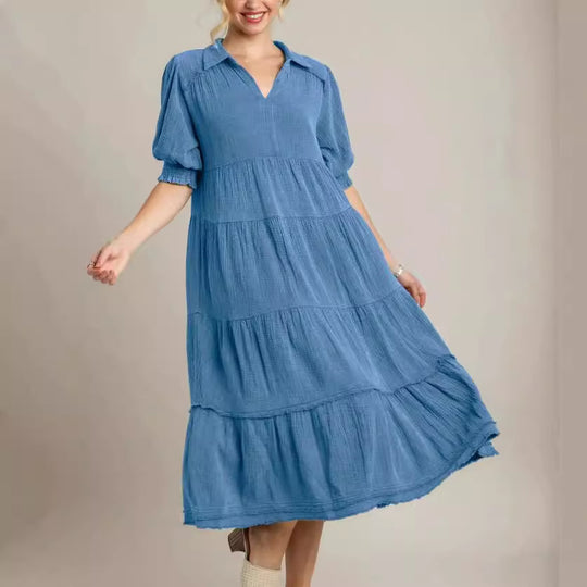 Damen lässiges Maxikleid mit V-Ausschnitt und volumetrischen Ärmeln EB