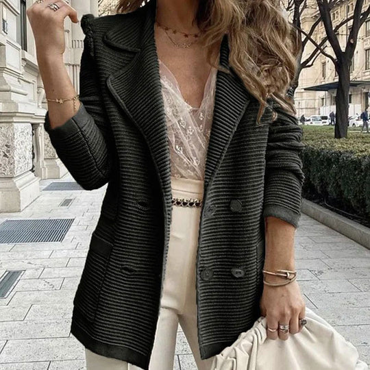 Damen eleganter Strickblazer mit doppelter Knopfleiste und Taschen EB