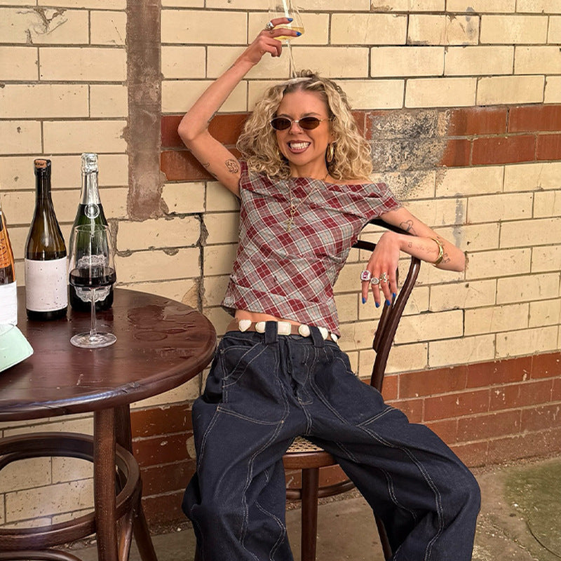 Damen Karo-Crop-Top mit lässigem Schnitt EB