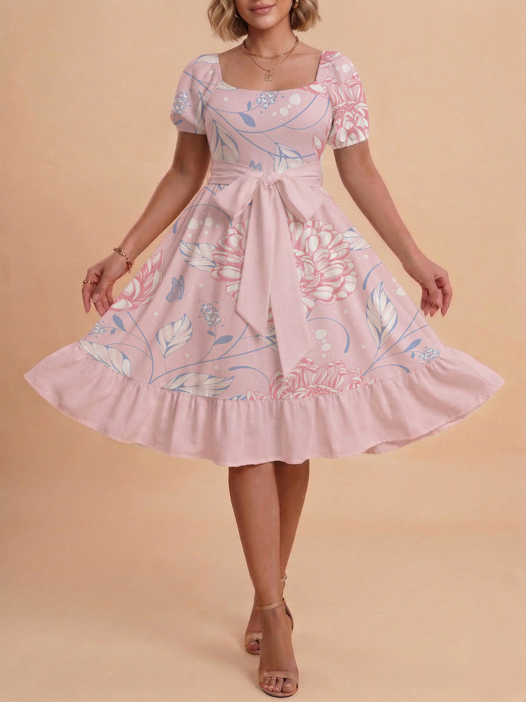 Damen Midi Kleid mit elegantem Blumendruck und tailliertem Gürtel EB