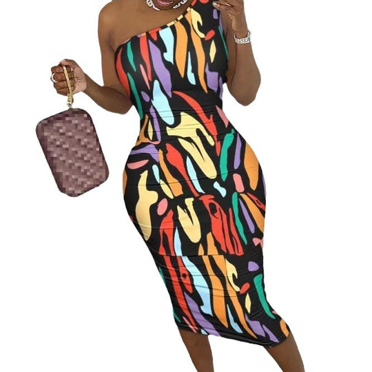 Damen Figurbetontes Einseitiges Kleid mit buntem Muster EB
