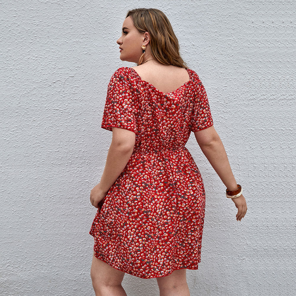 Damen Blütensommerkleid mit V-Ausschnitt und lockeren Ärmeln EB
