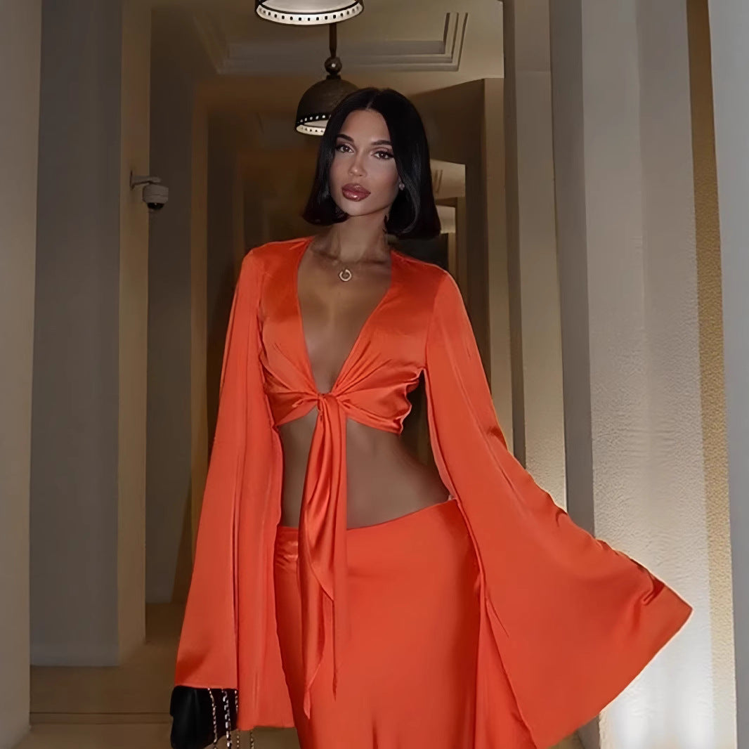 Damen Elegantes Maxikleid mit ausgestellten Ärmeln und tiefem V-Ausschnitt EB