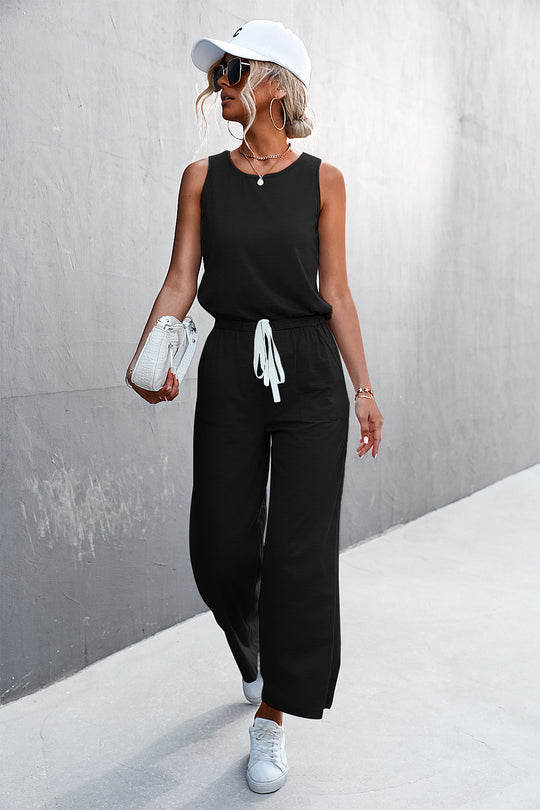 Damen luftiger Jumpsuit mit weitem Bein und elastischem Taillenzug EB