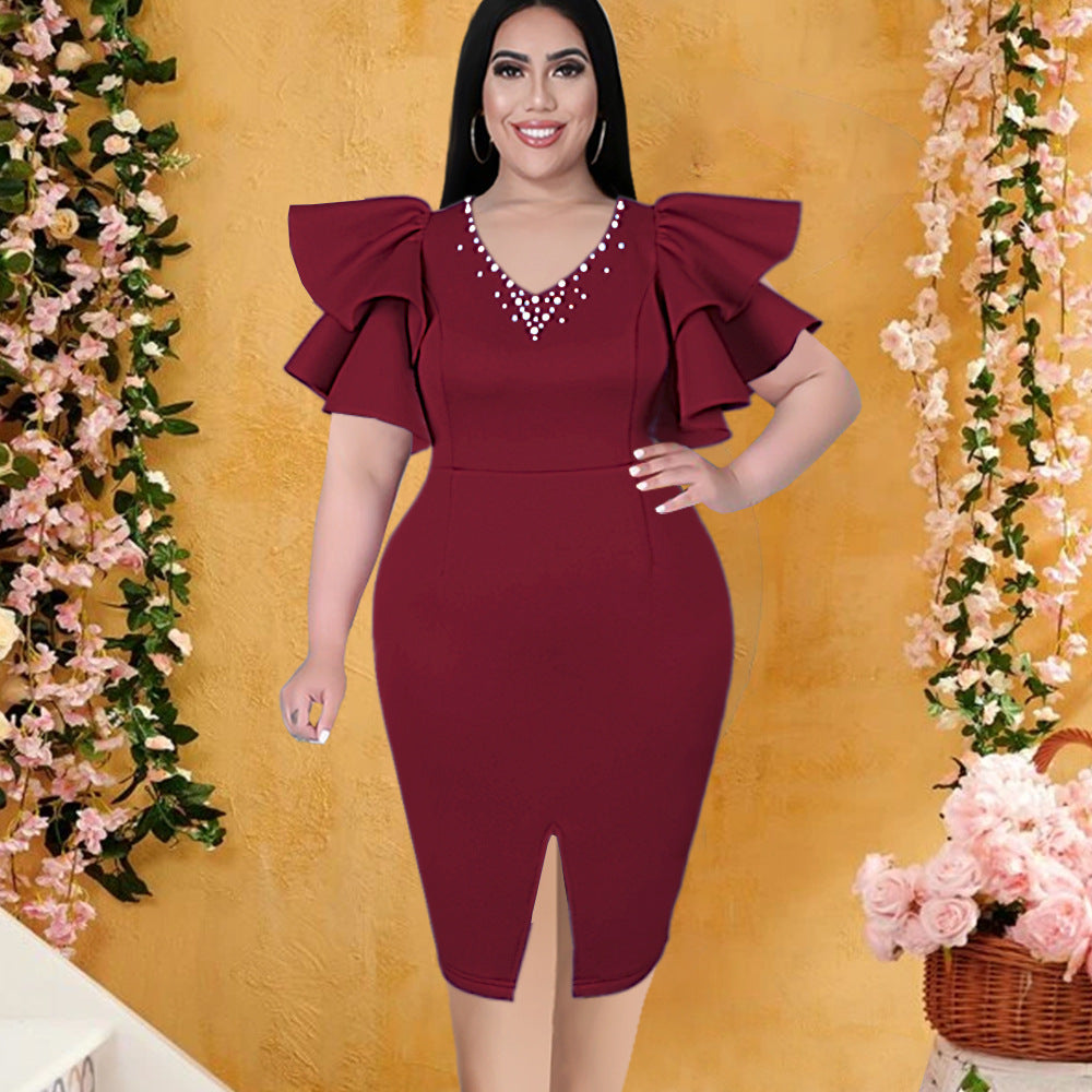 Damen figurbetontes Kleid mit voluminösen Rüschenärmeln und eleganten Strassdetails EB