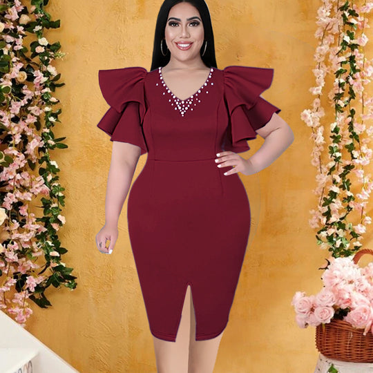 Damen figurbetontes Kleid mit voluminösen Rüschenärmeln und eleganten Strassdetails EB