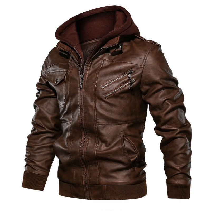 Herren Kunstleder-Bomberjacke mit Kapuze Fleece-Innenfutter und Multifachtaschen EB