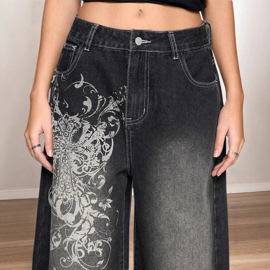 Damen Weite Denim-Hose mit auffälligem grafischem Druck EB