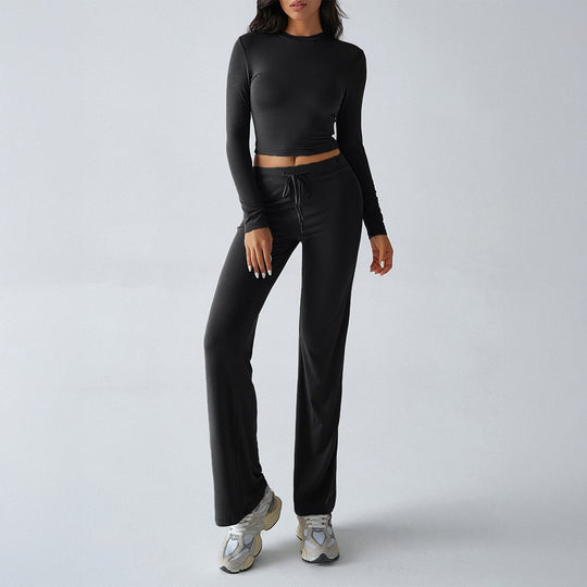 Damen nan tailliertes Longsleeve-Crop-Top und weite Lounge-Hose im Zweiteiler-Set aus Stretchjersey EB