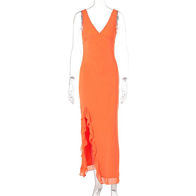 Damen Maxikleid mit tiefem Schlitz und eleganten Rüschendetails EB
