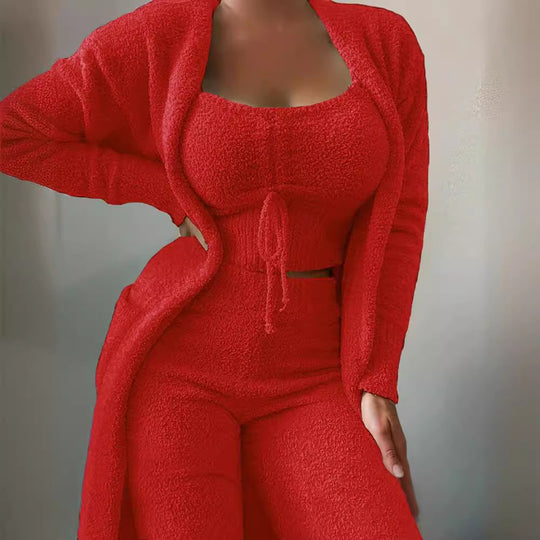 Damen nan luxuriöses Teddy-Fleece Lounge-Set mit Longcardigan, gerafftem Cropped-Bustier und Highwaist-Hose EB