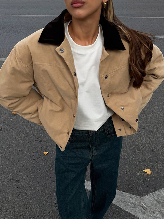Damen modische Oversized-Jacke mit Samtkragen und Druckknopfverschluss EB