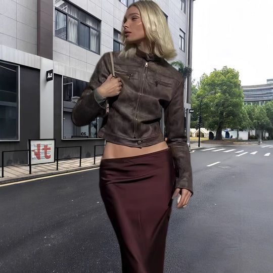 Damen trendige Bikerjacke aus hochwertigem Kunstleder EB