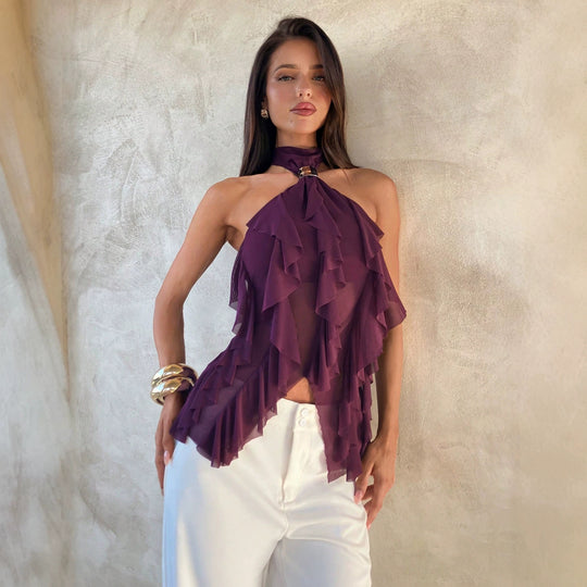 Damen nan Chiffon-Haltertop mit dekorativem Metallring und mehrlagigen Volants EB