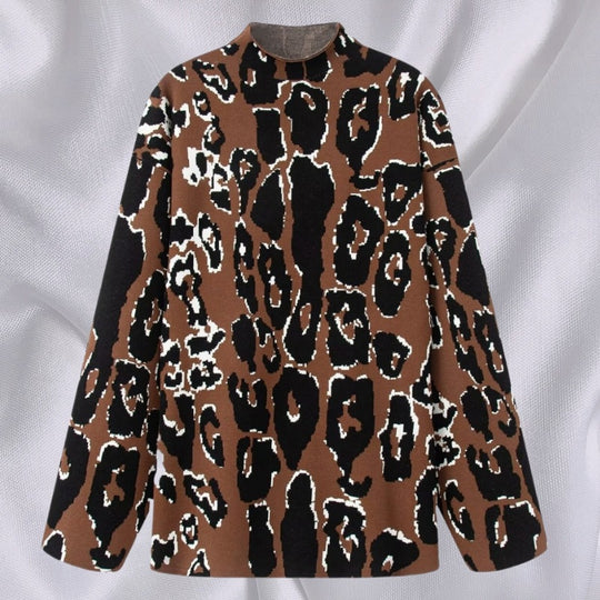 Damen Oversized Pullover mit animalischem Muster und hohem Kragen EB