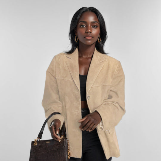 Damen nan weit geschnittene Wildlederjacke mit Reverskragen und aufgesetzten Taschen EB