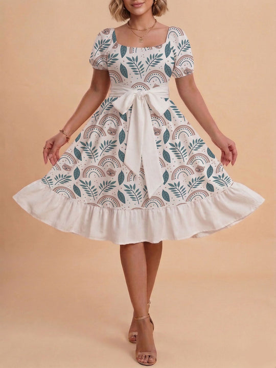 Damen Verspieltes Maxikleid mit Bärenmuster und taillierbarem Band EB