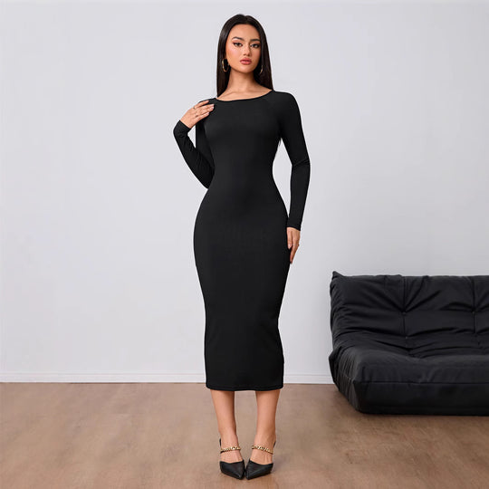 Damen figurbetontes Stretch-Midikleid mit U‑Boot‑Ausschnitt und figurformendem Rippstrick Eichborn Berlin