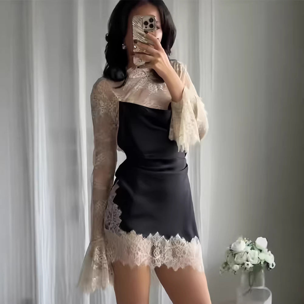 Damen Chiffon Abendkleid mit eleganten Spitzendetails und schwingenden Ärmeln EB