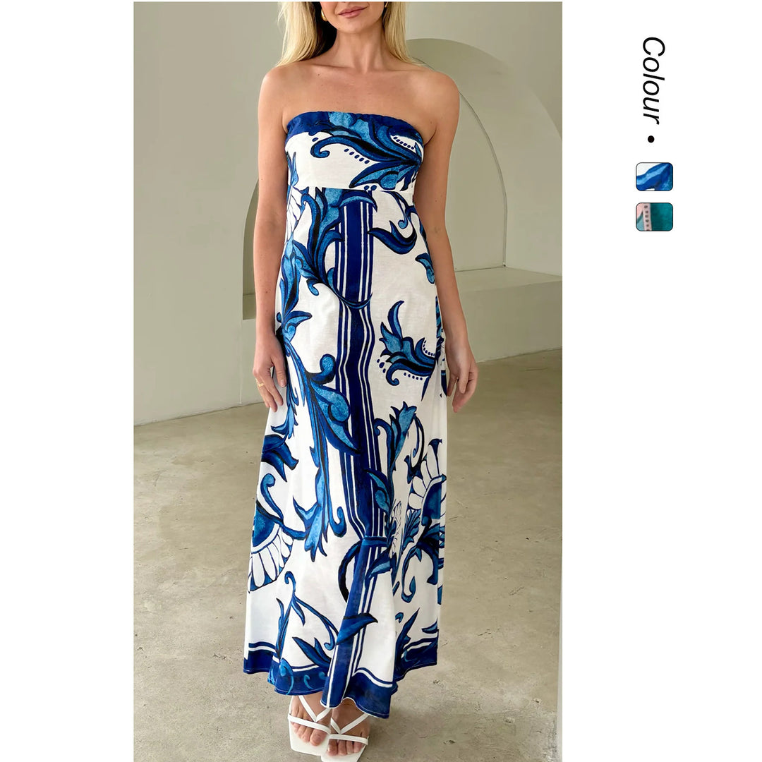 Damen Bandeau Maxikleid mit elegantem floralem Druck und fließendem Schnitt EB