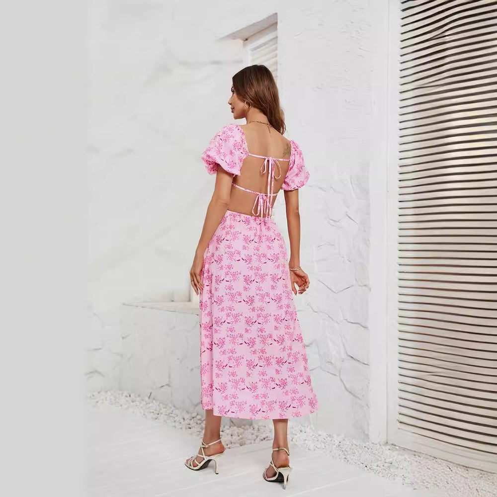 Damen Maxikleid mit schickem Quadrat-Ausschnitt und voluminösen Puffärmeln EB