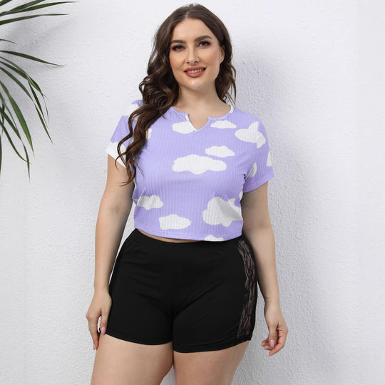 Damen cropped T-Shirt mit Wolkenmuster und elastischem Bund EB