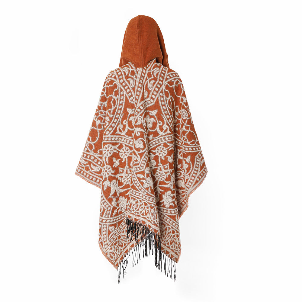 Damen Kapuzen-Ruana aus Wollmix mit Ornament-Jacquard und Fransen EB