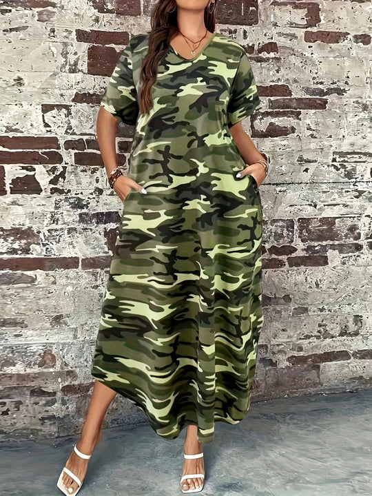 Damen Maxi-Kleid mit modernem Camouflage-Design und praktischen Taschen EB