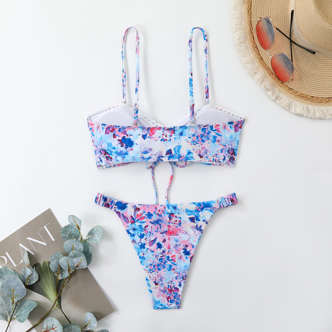 Damen-Bikini-Set mit Raffung und romantischem Blumendesign EB