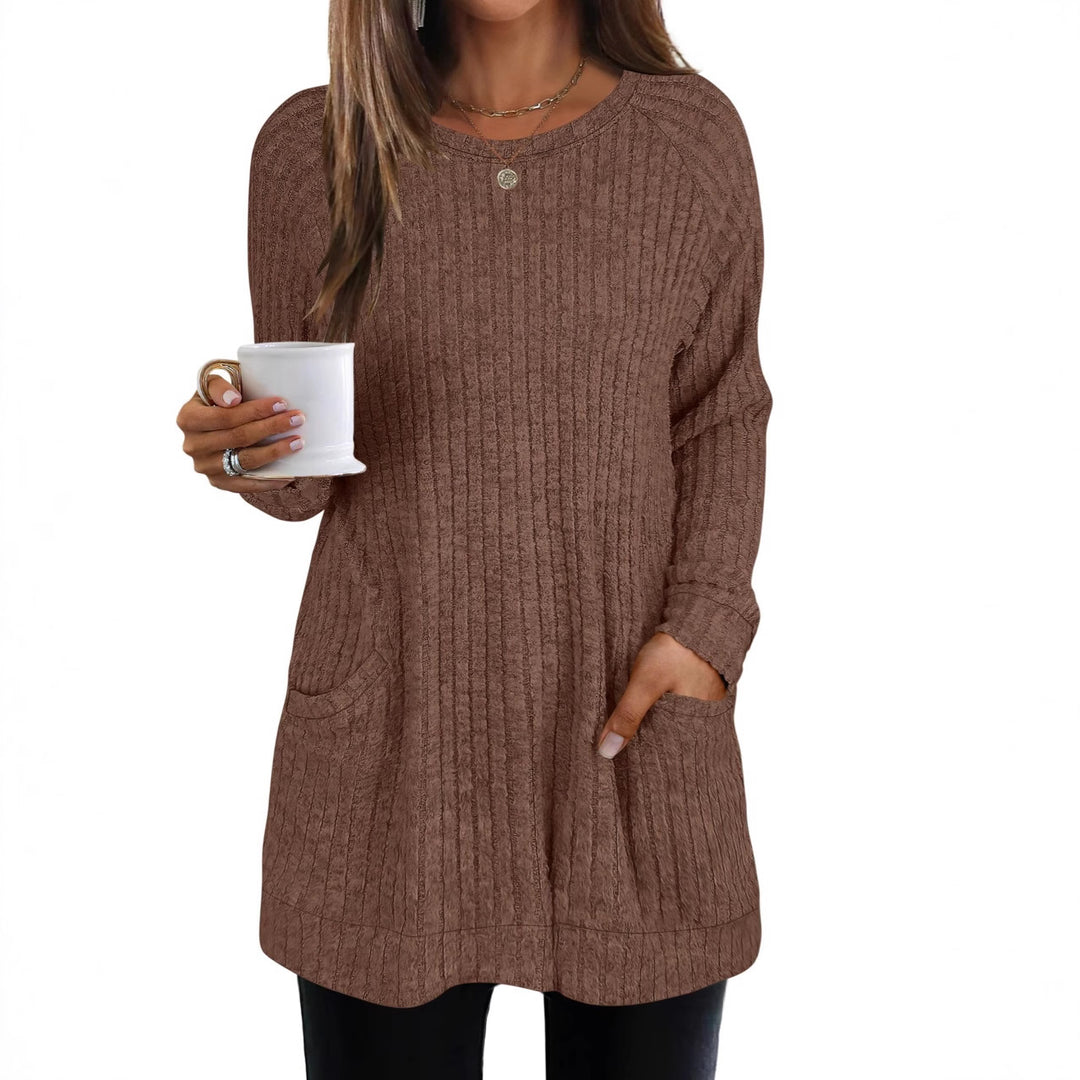 Damen lässiger Strickpullover mit seitlichen Eingrifftaschen und Rippenstruktur EB